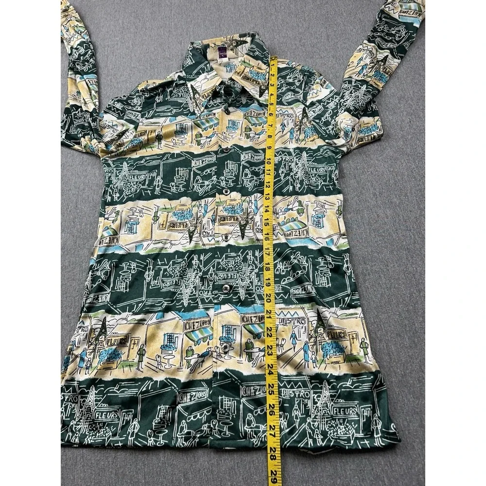 Vintage Hutspah Button Up Shirt Mens Medium Green Yellow French Bistro‎ Nylon
